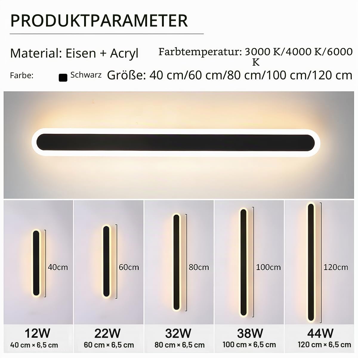 LED Wandleuchte Innen Dimmbar,32W Wandlampe mit Fernbedienung 2.4GHz,10-100% Helligkeitseinstellung Wandleuchte Schwarz für Schlafzimmer Wohnzimmer Korridor Treppenhaus,80CM 110-240V
