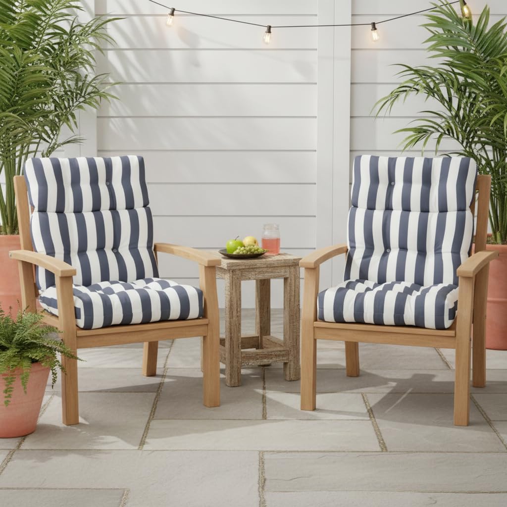 Outdoor Tufted High-Back Chair Cushions, One-Piece Hinged Seat and Back Design, Reversible with 4 Ties, Durable Polyester Fabric, Recycled Fiber Fill - Set of 2, Canopy Stripe Gray