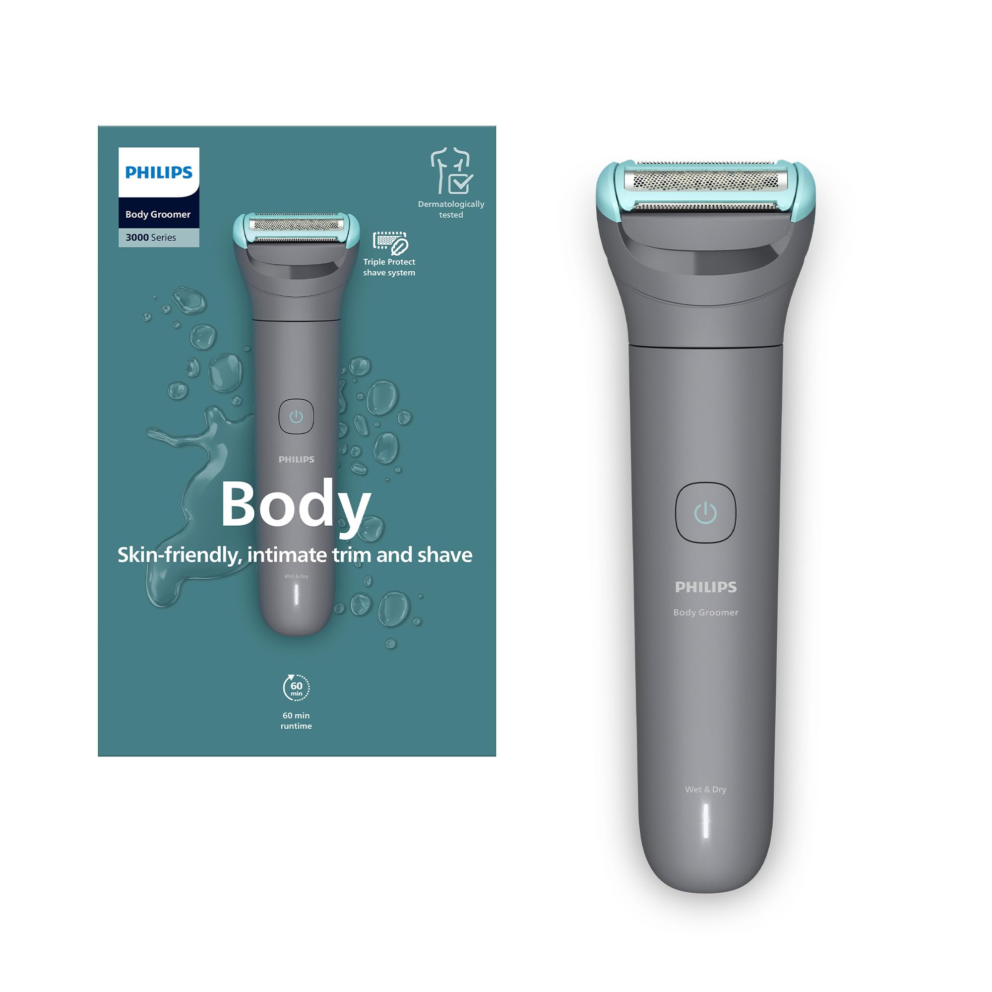 Philips Bodygroom BG3017/01 | Showerproof Groin & Body Trimmer | Hypoallergenic Blades, Close & Comfortable Shave, 3mm Comb | 50min Cordless, Ergonomic Grip