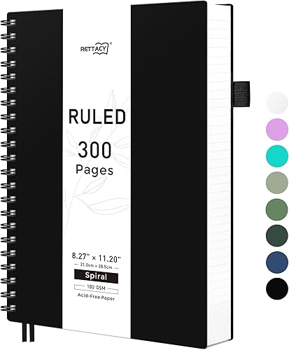 RETTACY - Cuaderno en espiral mediano B5, 300 páginas rayadas, 7.4 x 10 pulgadas, para escuela, trabajo, escritura, papel grueso de 3.53 ozm (100