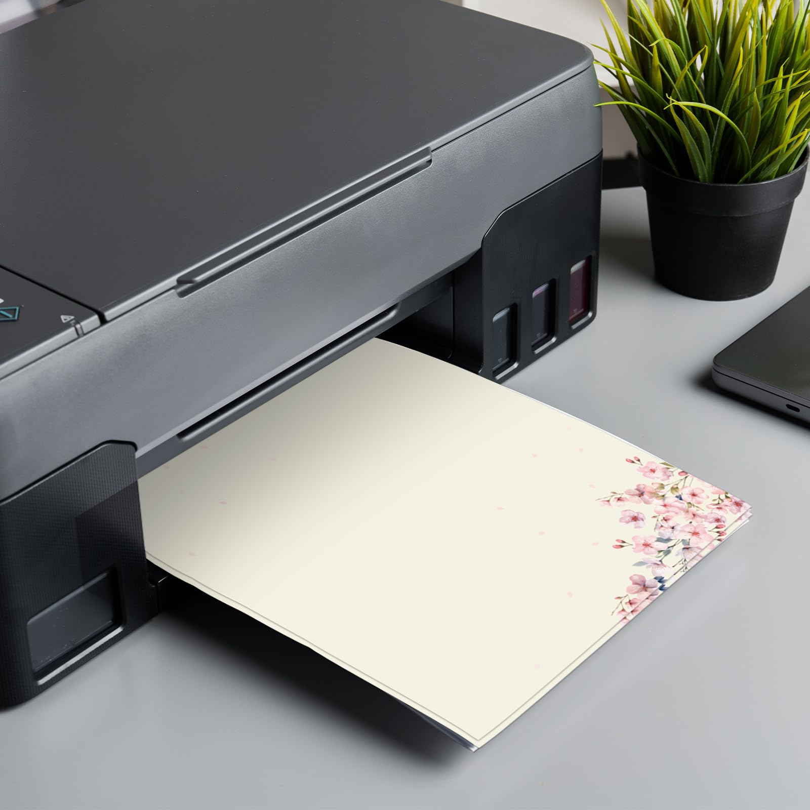 50 membretes de flores de cerezo con sobres, flores de cerezo, papel de computadora, papel de papelería floral rosa para notas a invitaciones de boda, suministros de impresión de oficina, escuela, 8.5