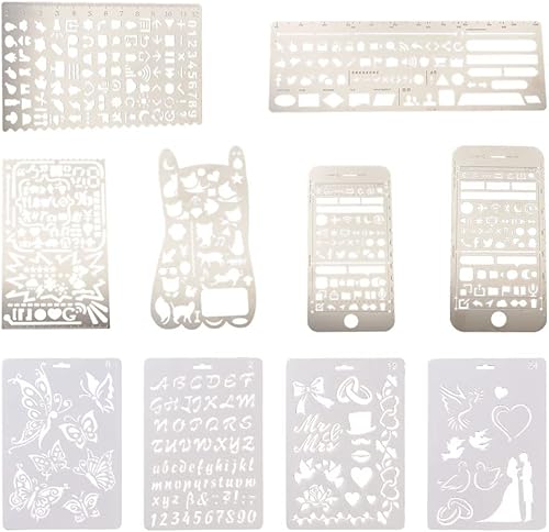 KISSITTY Juego de plantillas de dibujo de plástico y acero inoxidable, plantillas de pintura reutilizables, marcapáginas, plantillas de diario de