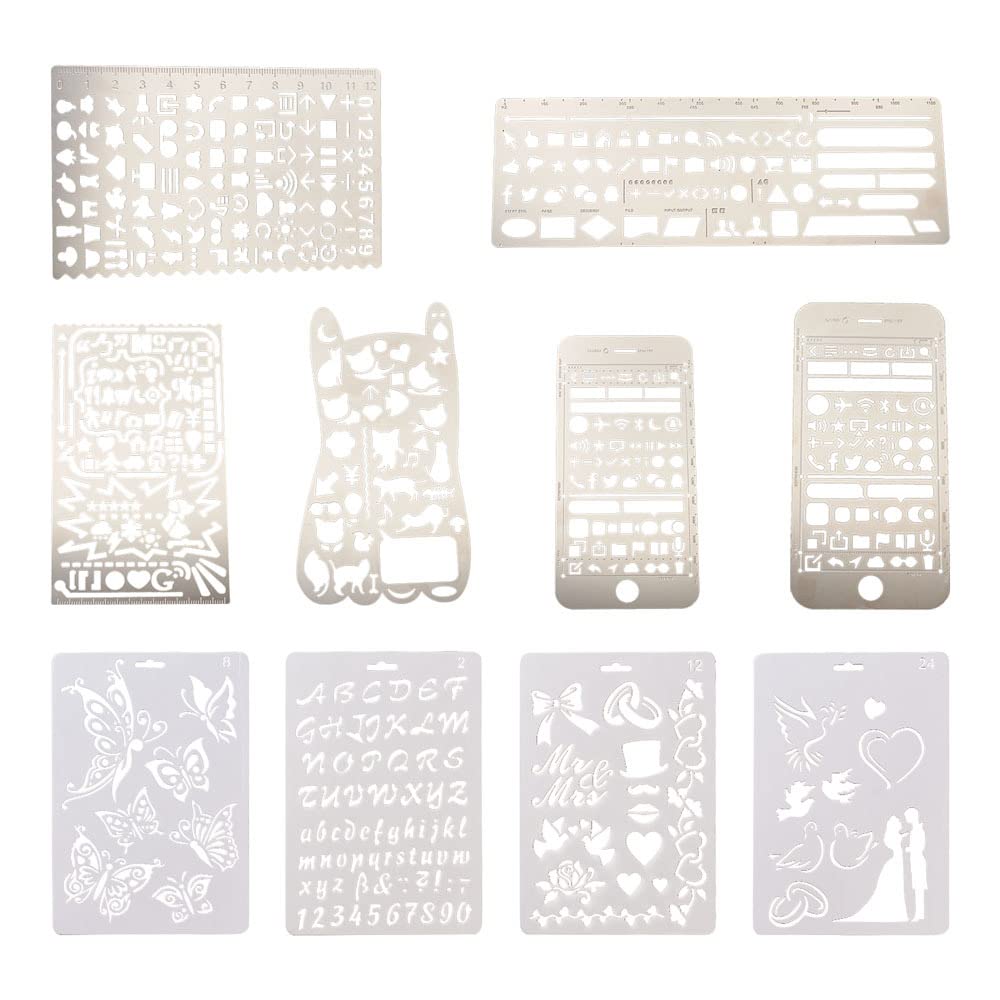 KISSITTY 10Pcs/Set Plastic & Stainless Steel Drawing Stencil Kits Reusable Painting Stencil Bookmark Metal Journal Templates Craft Stencils for DIY