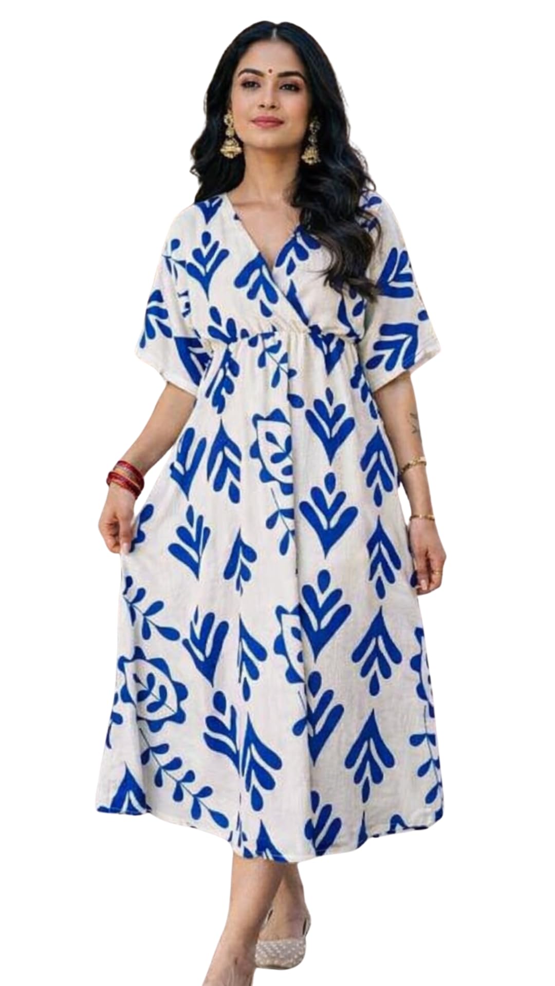 MINDMORE Cotton Maxi Dress for Women Floral Print | A Line Dresses for Women | Summer Dress Dress | Blue | L