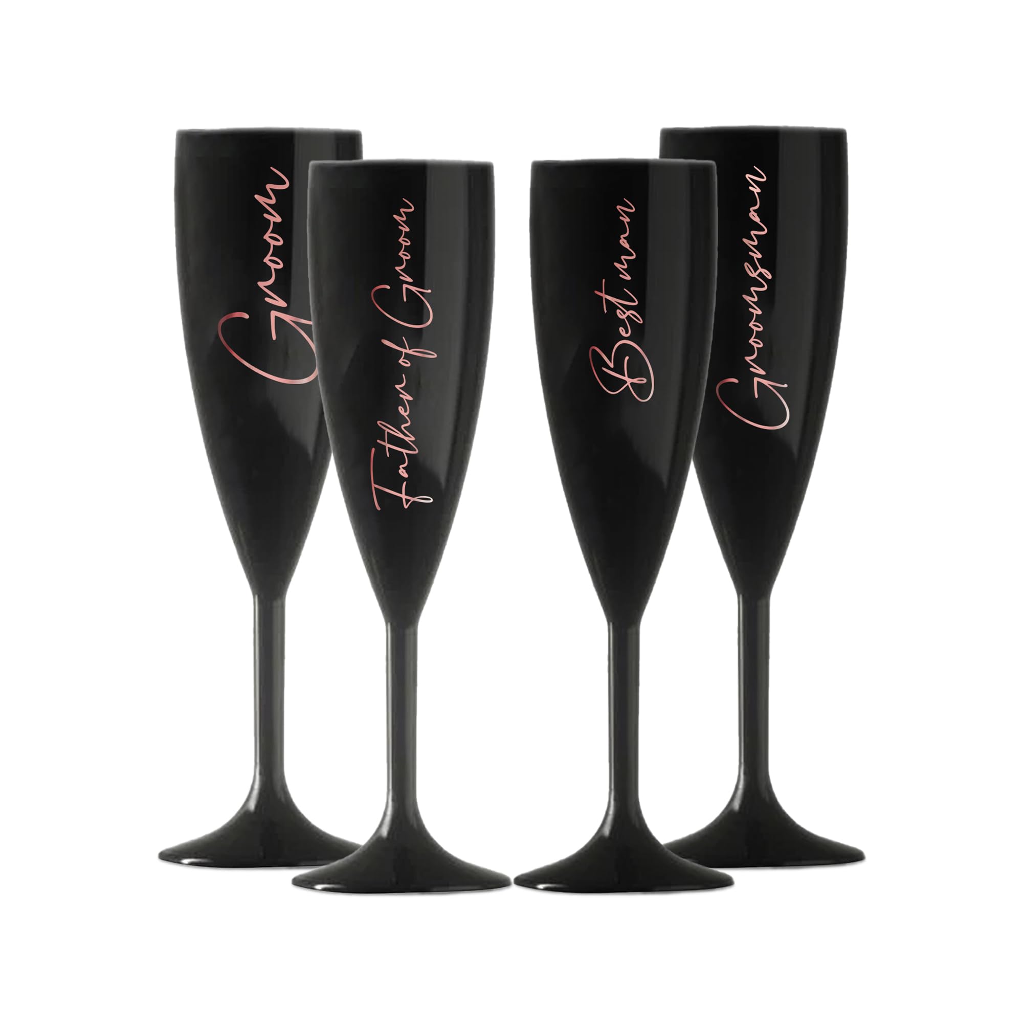 Print Maniacs Champagne Premium Black Flute Glass Bride Groom Mr Mrs Wedding Maid Honour Wine Cocktail Prosecco Celebrations Gift (Rose Gold, Set of 4 Grooms Set)