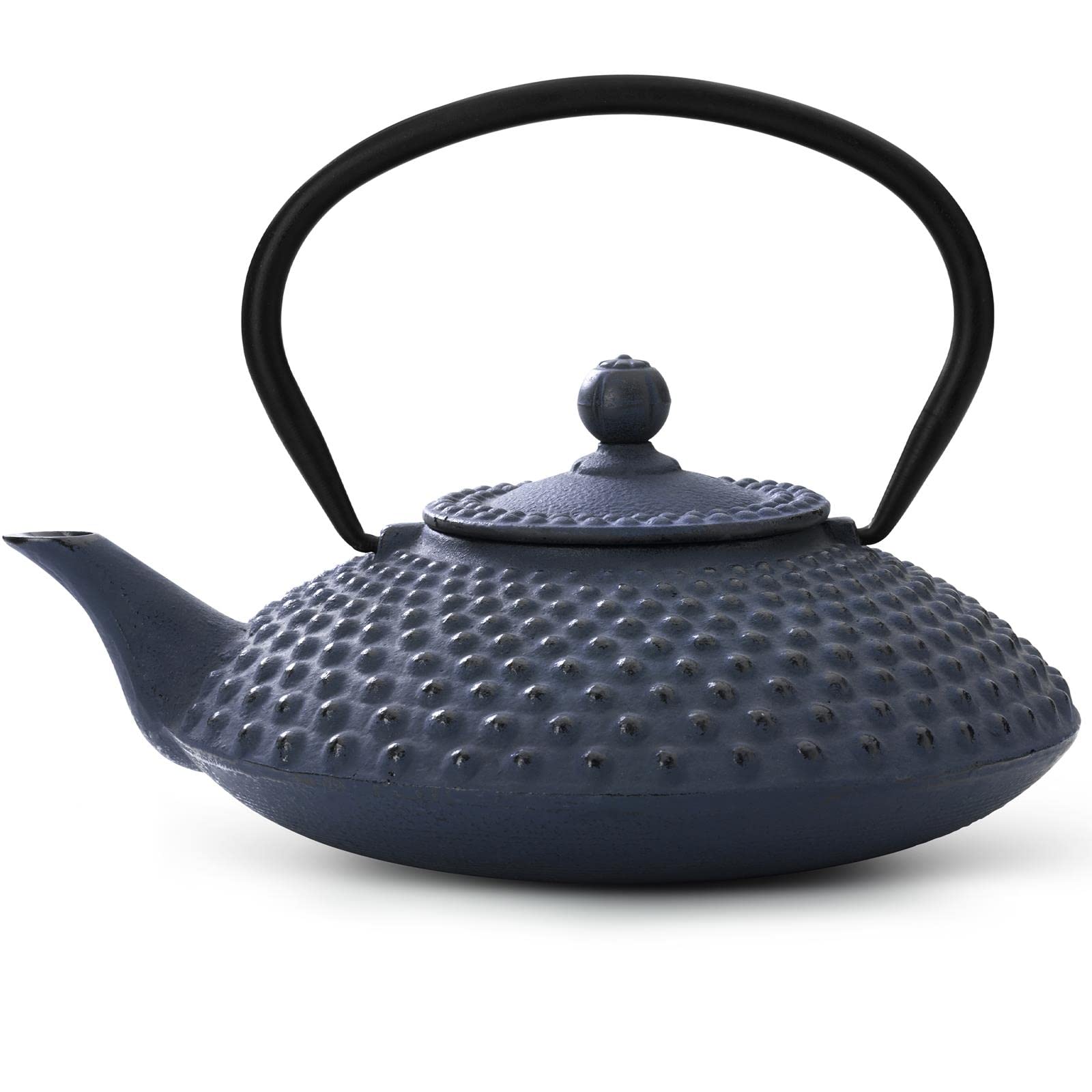 Bredemeijer Gusseisen Asia Teekanne Set 1.25 Liter - flacher blauer Teekessel mit Edelstahl Tee-Filter Sieb-Einsatz für losen Tee & Untersatz & Teewärmer & 4 Teetassen (Becher)