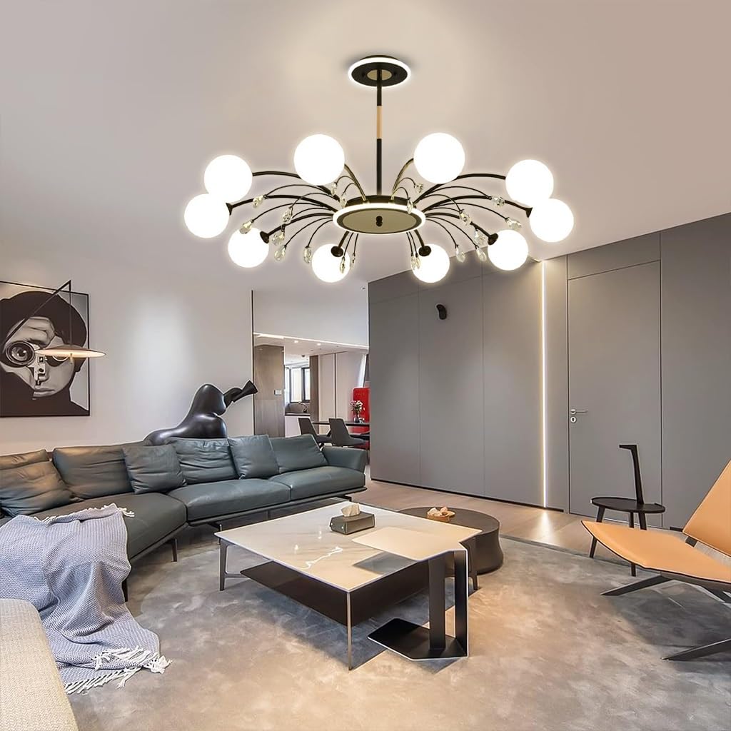 LYSDjia 6-Lights Globe Mid Century Chandelier Modern Sputnik Pendant Light Fixture with G9 Bulb Brushed Metal Finished with White Globe Glass Lampshade Dining Kitchen Island Bedroom Hanging Lighting(B — image 1