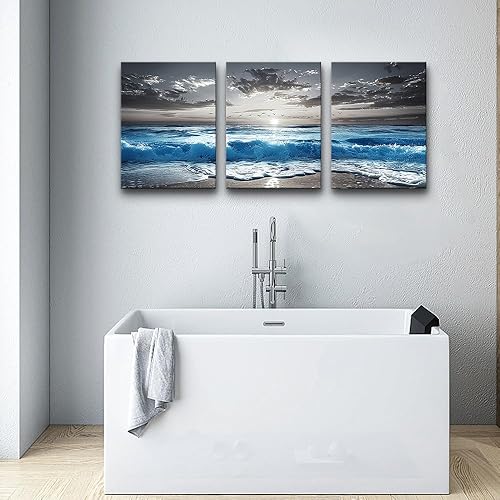 Miniatura 5 de TTHYUEWS Arte de pared de playa para sala de estar, lienzo para decoración de pared para dormitorio, oficina, pinturas de olas de mar azules,