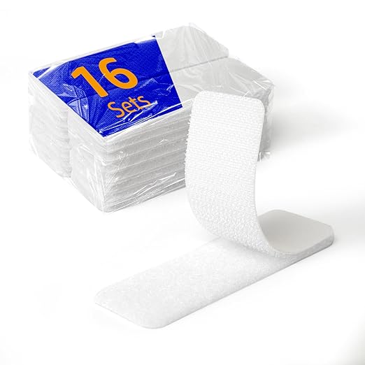 16 Sets 1 x 3 Inch Adhesive Hook and Loop Fastener Strips, Heavy Duty, Strong Back Adhesive, Double-Sided Hook and Loop for School, Classroom, Office, and Home Use, White.