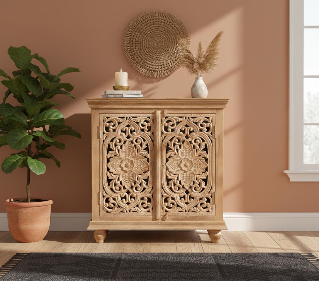 Diwali Offer || Handcrafted Mango Wood Cabinet with Intricate Floral Carving, 2-Door Storage Almirah – 90x40x93 cm | Wooden Sideboard for Living Room & Bedroom |-image-10