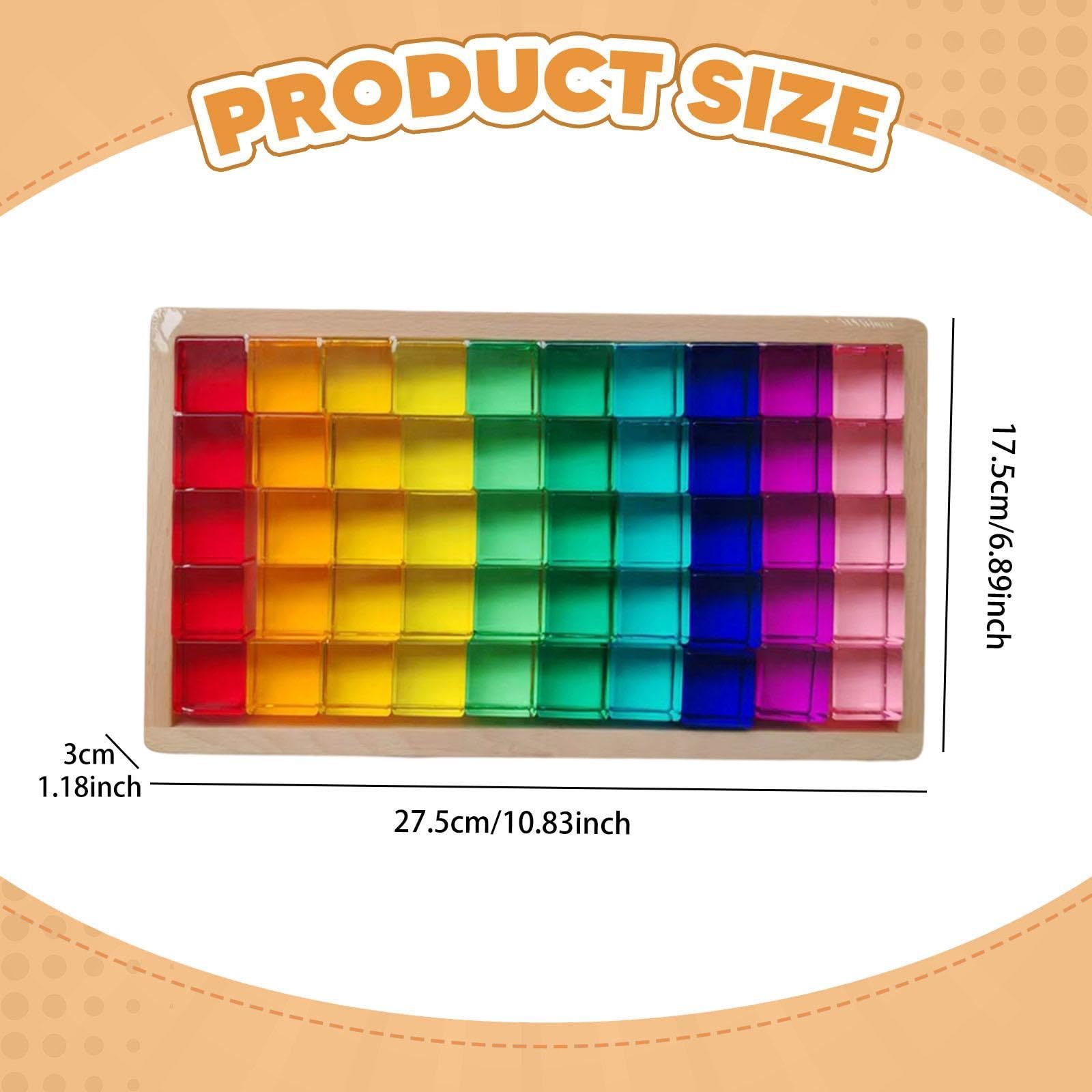 Regenbogen Bausteine Set Kinder mit Acrylklötzen Motorik Stapelspiel Transparent Holzbox Lernspaß für Kinderzimmer Geschenk Draußen Drinnen, 50 Stück