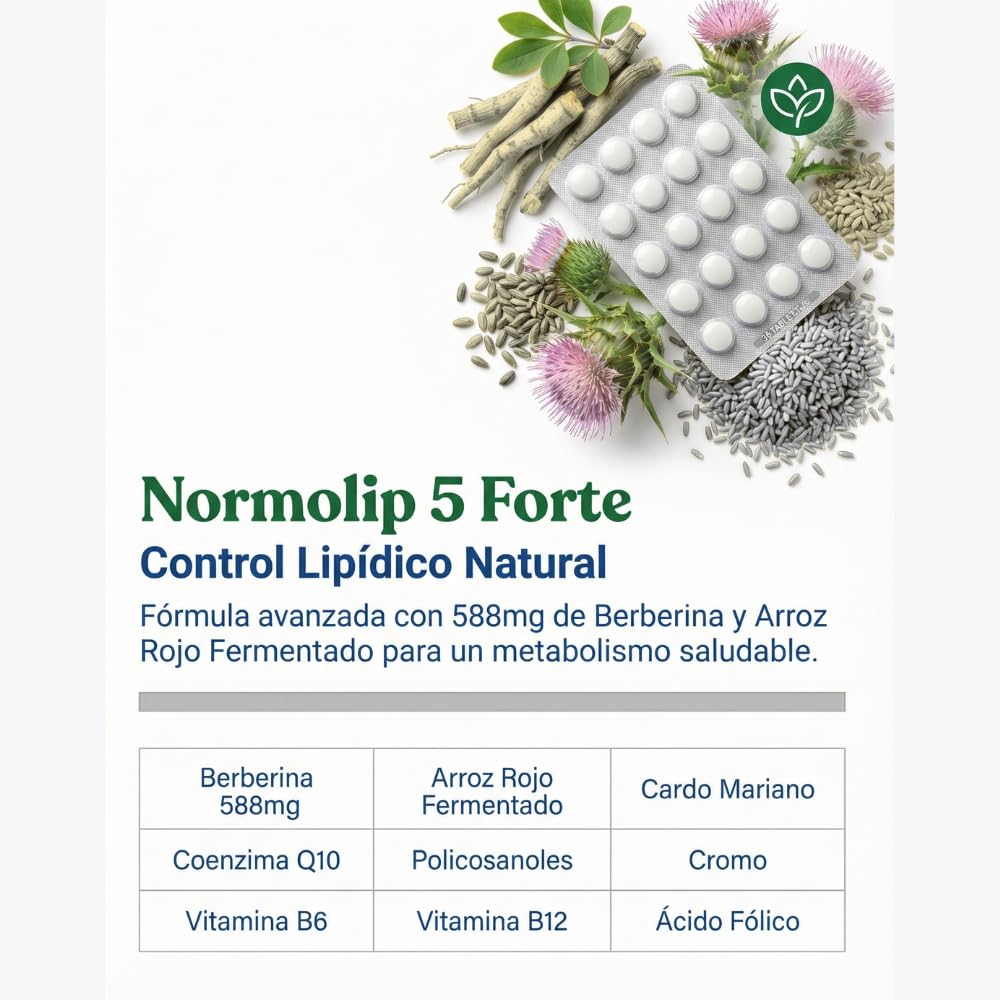 Normolip 5 Forte | Complemento Alimenticio con Berberina, Cardo Mariano, Arroz Rojo Fermentado, Coenzima Q10 y Policosanoles | Sin Gluten, Sin Lactosa, Apto para Veganos (72 unidad (Paquete de 2))