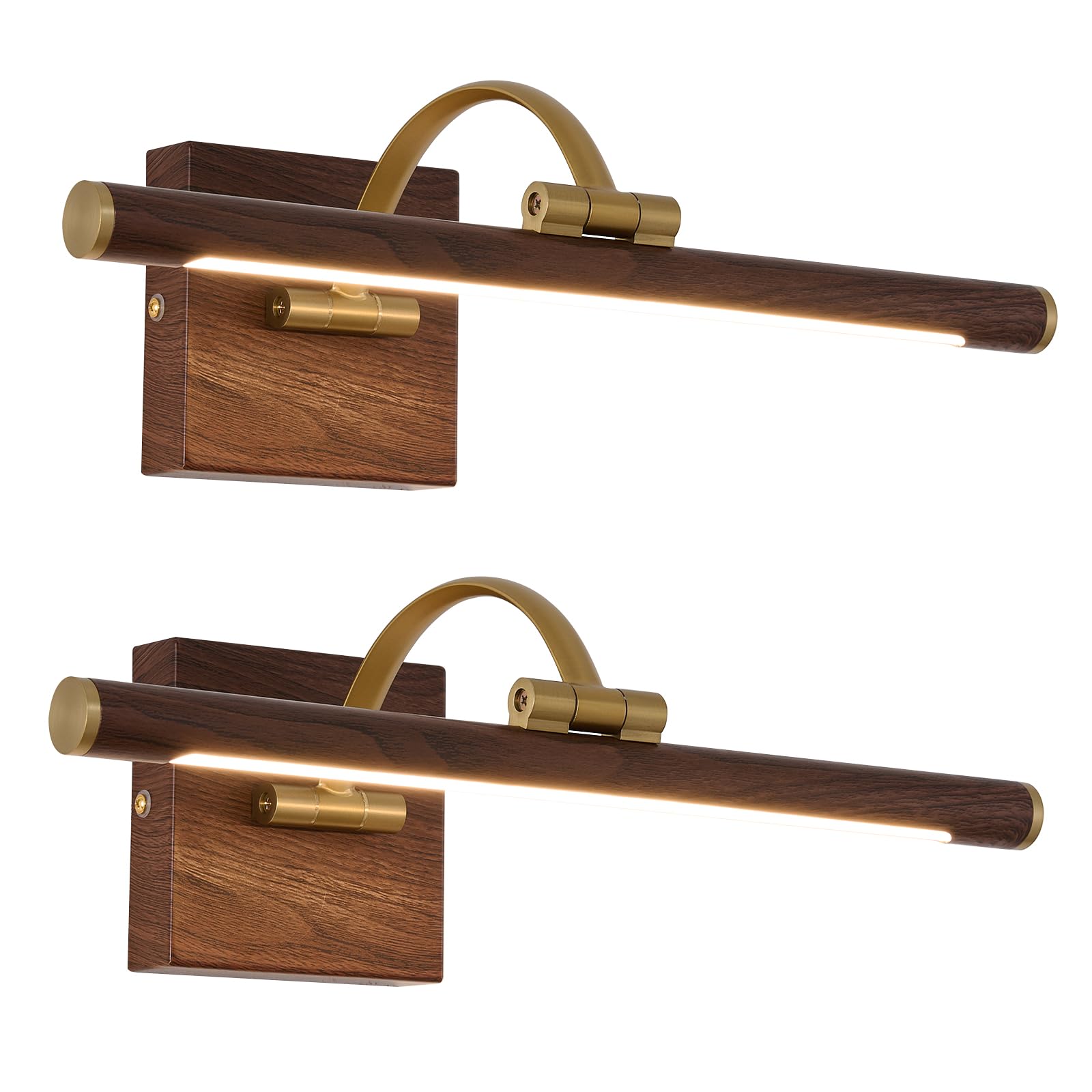 Photo 1 of 2 Pack Brass & Wood Wall Mount LED Picture Light, Hard Wired Dimmable Swing Arm Art Gallery Lamp 2700K Warm White Home Art Painting Decor Light