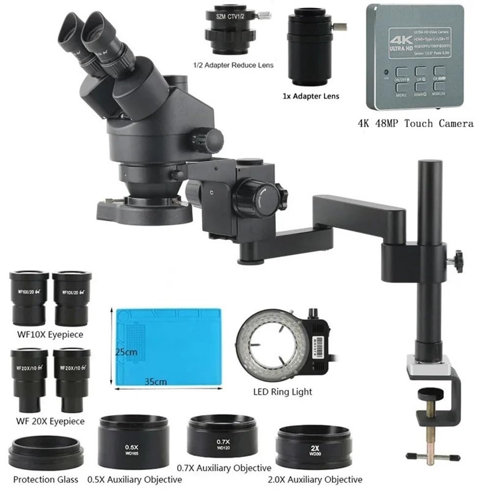 Microscope 3.5-180X Parfocal Simul-Focus Trinocular Stereo Microscope Rotation Articulating Arm 4K UHD HDMI Camera Set