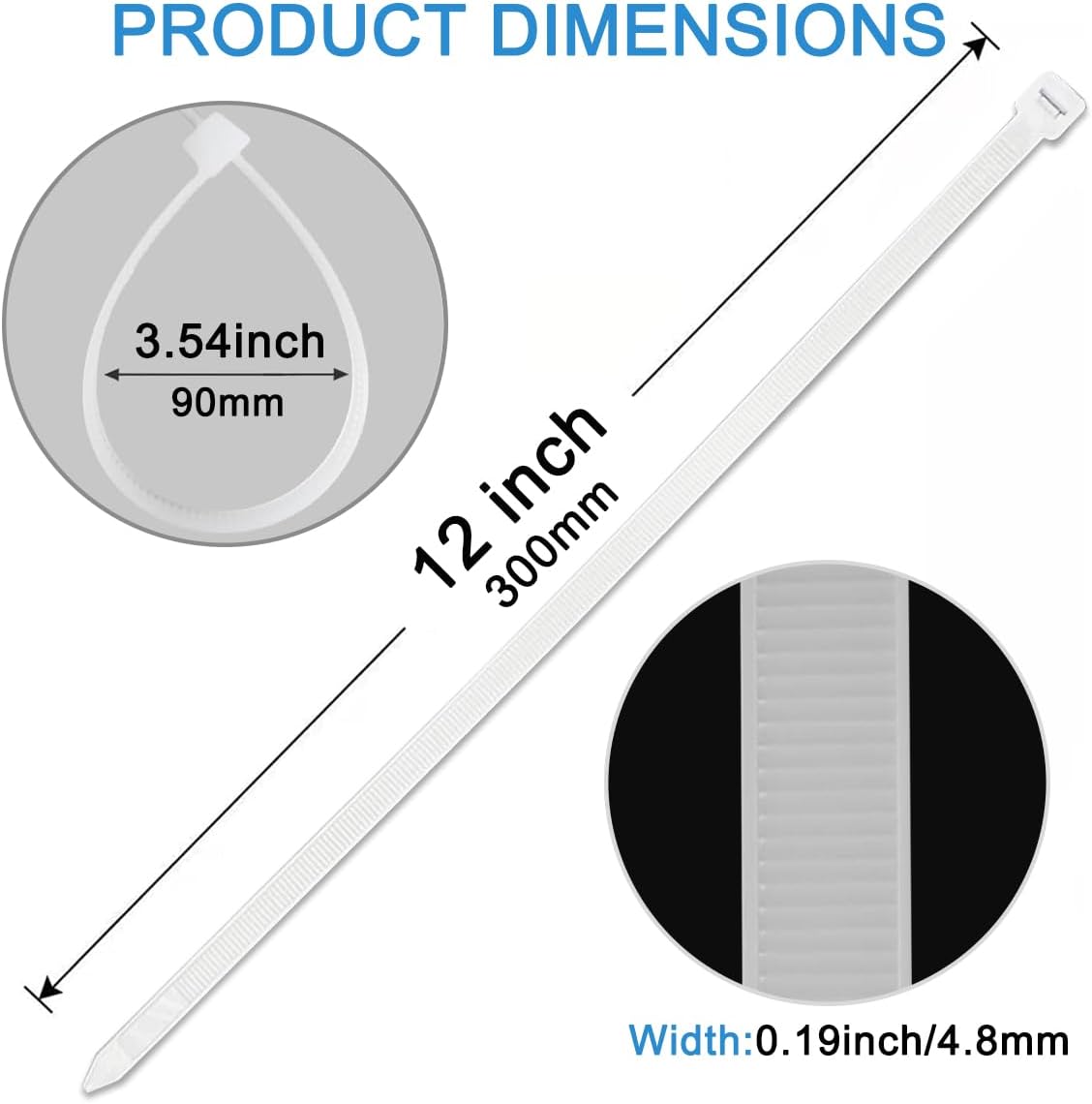 100 Pack Nylon Zip Ties 12" Durable Outdoor Cable Ties with with 50 lbs Tensile Strength, Plastic Wire Ties for Home, Office, Garden, Workshop. White