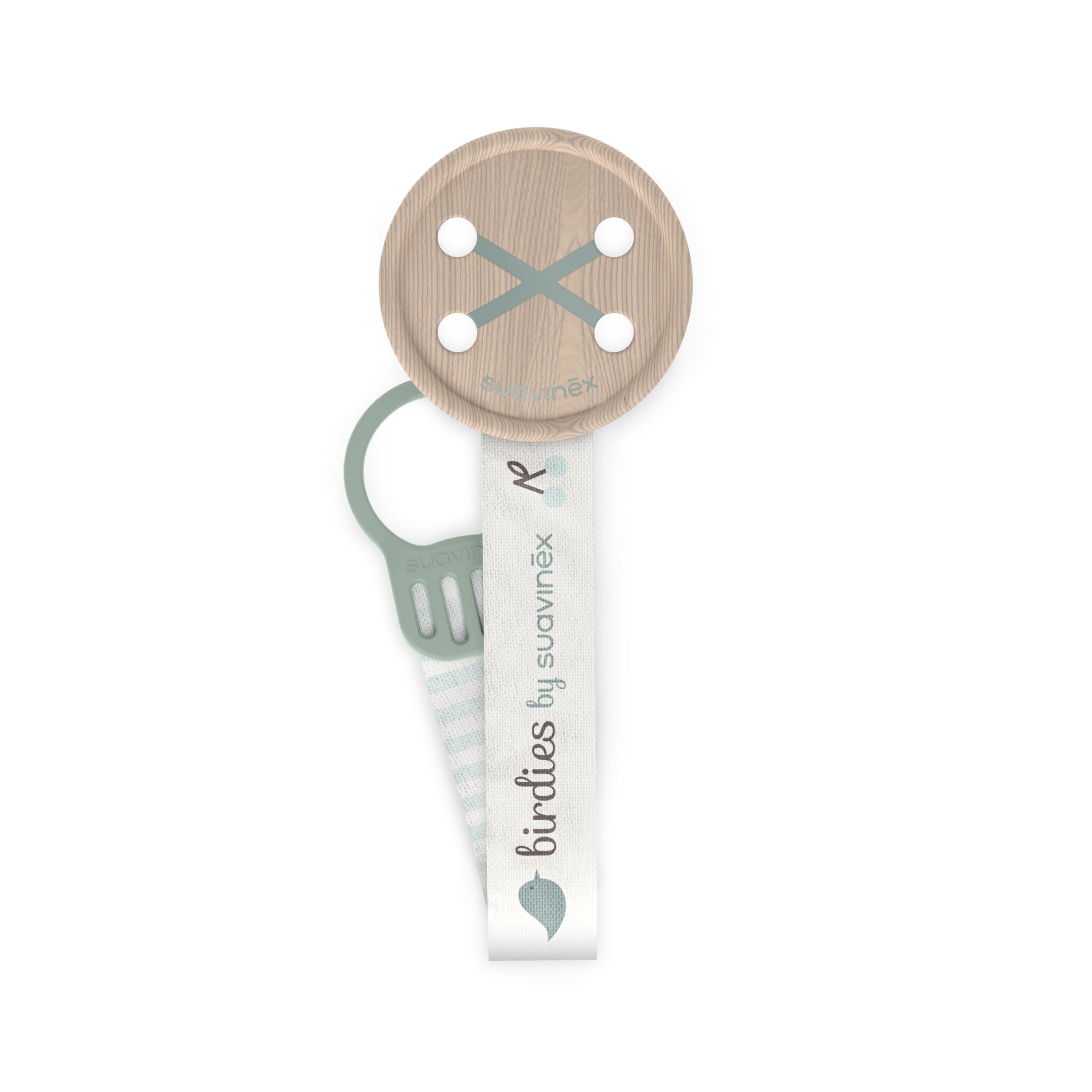 Suavinex, Portaciuccio in Tela per Neonati, Nastro con Decoro su due lati, Catena Ciuccio Neonato, Clip con Pinza. Per bambini +0 mesi, adatto per neonati, Birdies, verde