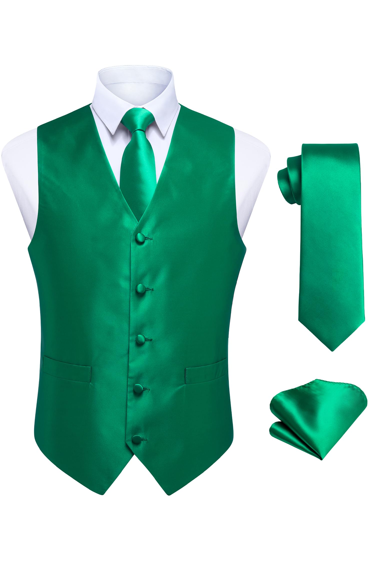 3pc Men's Solid Color Woven Dress Waistcoat & Necktie and Pocket Square Vest Suit Tuxedo Set Green-image-43