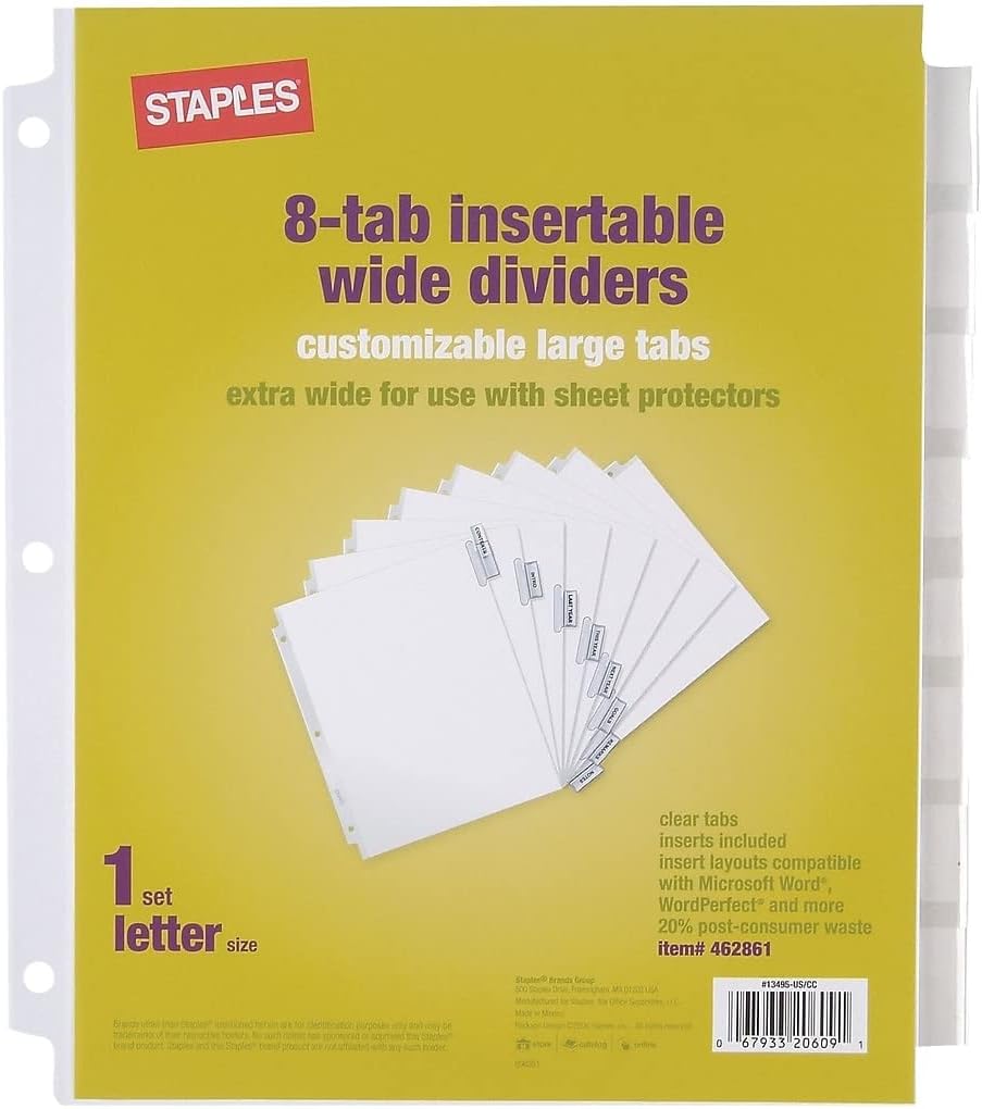 Staples 462861 Large Tabs Extra Wide Insertable Paper Dividers 8Tab White Office