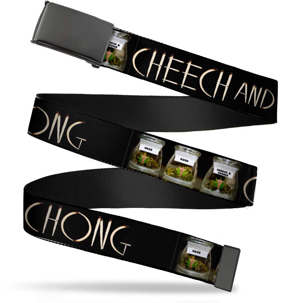 Adjustable Belt, Clamp Buckle, Cut-to-Fit, Cheech and Chong Joints Text Vivid Weed Jars Black