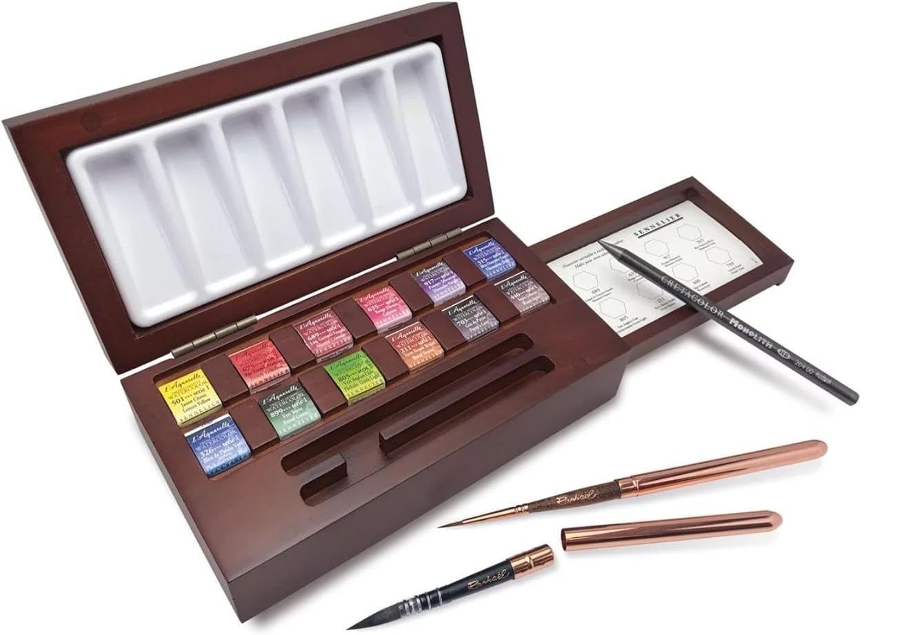 Sennelier Coffret 12 ½ godets Aquarelle extra-fine, en noyer + 2 pinceaux et 1 carte