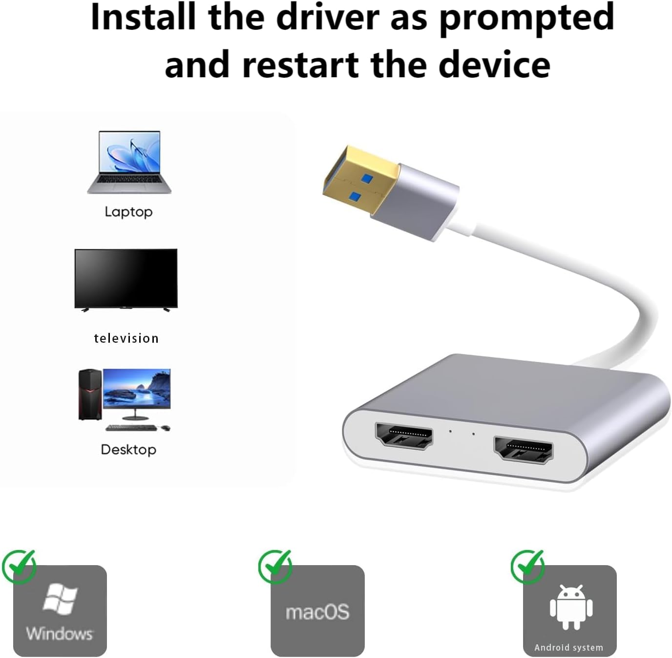 USB 3.0 to Dual HDMI Adapter, USB to 2* HDMI Same Screen Monitor Converter for Windows, macOS and Android