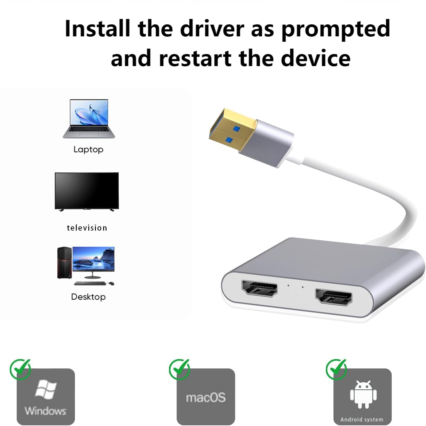 Adattatore da USB 3.0 a doppio HDMI, convertitore da USB a 2* HDMI stesso monitor per Windows, macOS e Android