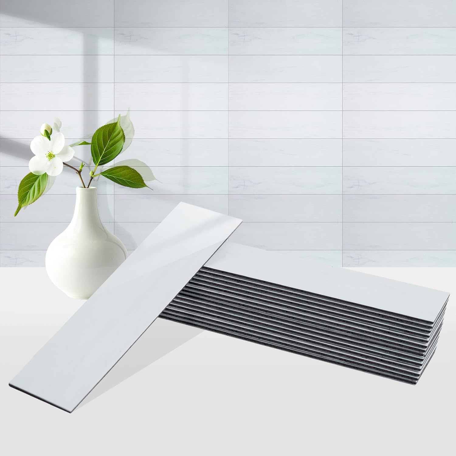 80-Piece Polished Dolomite Thick PVC Peel and Stick Backsplash, 2" x 8" Waterproof Subway Tile Peel and Stick Wall Tiles for Kitchen and Bathroom