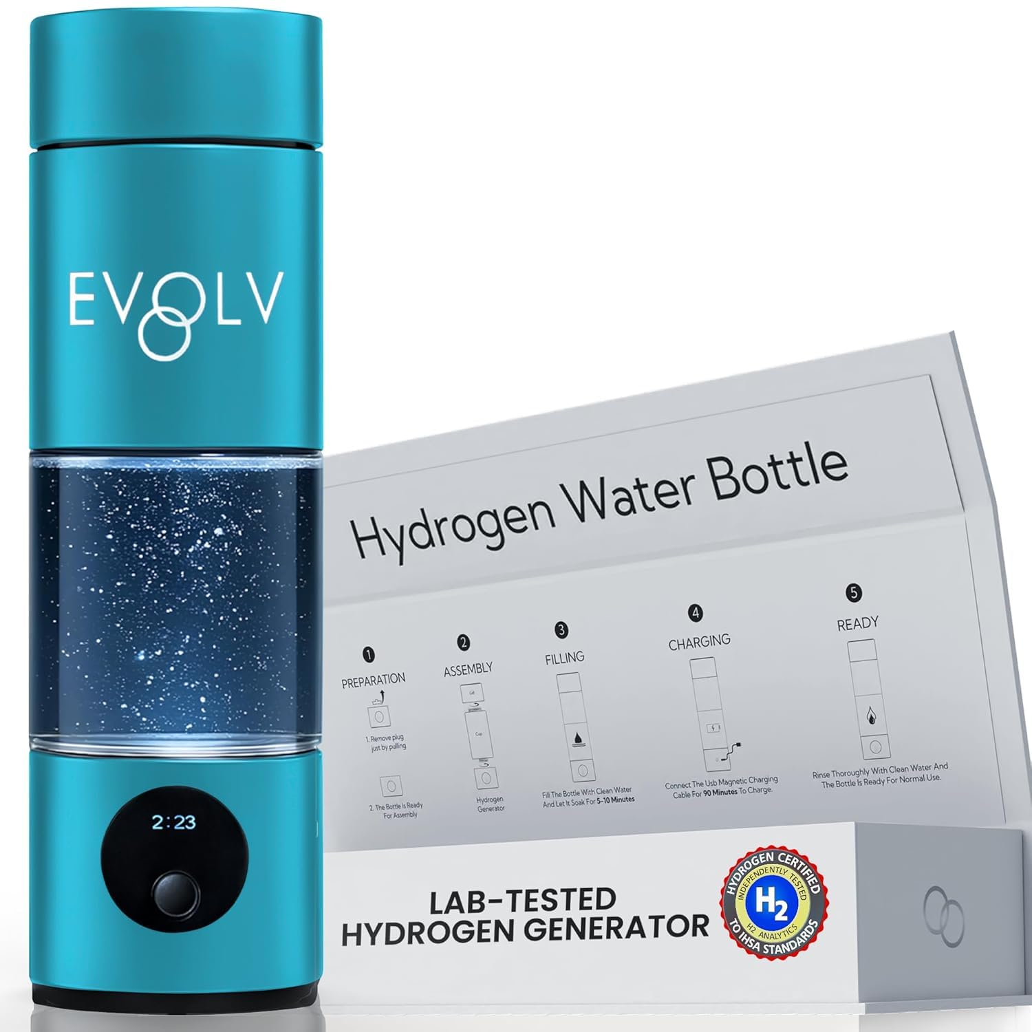 Product image of EVOLV Hydrogen Water Bottle Generator – SPE & PEM Water Ionizer 5.4PPM, Highest H2 Concentration – Portable 8oz Hydrogenated Water Bottle – Leak-Proof Hydrogen Water Machine, Easy to Use – Turquoise