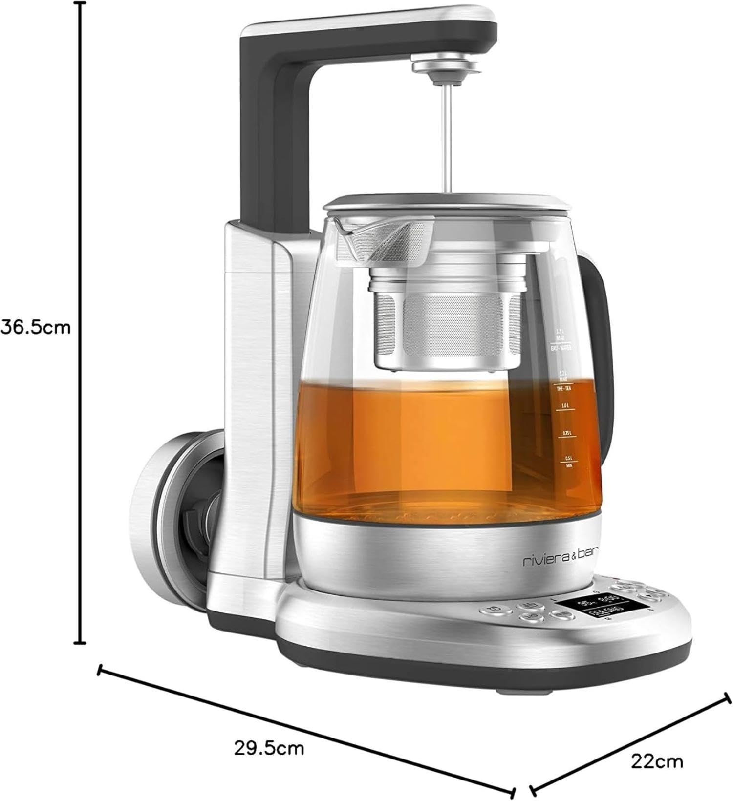 riviera&bar Théière Bouilloire CHA DAO EXPERT à Température Réglable - Verre Trempé et Inox, Mode Silencieux, Infusion Thé Optimale, Écran LCD, Programmes Personnalisables - 1,5L - Inox
