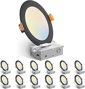 Amico 12 Pack 6 Inch 5CCT Ultra-Thin LED Recessed Ceiling Light with J-Box, 2700K/3000K/3500K/4000K/5000K Selectable, 12W Eqv 110W, Dimmable Canless Downlight, 1050LM High Brightness, Black - ETL