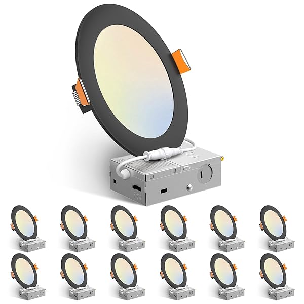 Amico 12 Pack 6 Inch 5CCT Ultra-Thin LED Recessed Ceiling Light with J-Box, 2700K/3000K/3500K/4000K/5000K Selectable, 12W Eqv 110W, Dimmable Canless Downlight, 1050LM High Brightness, Black - ETL