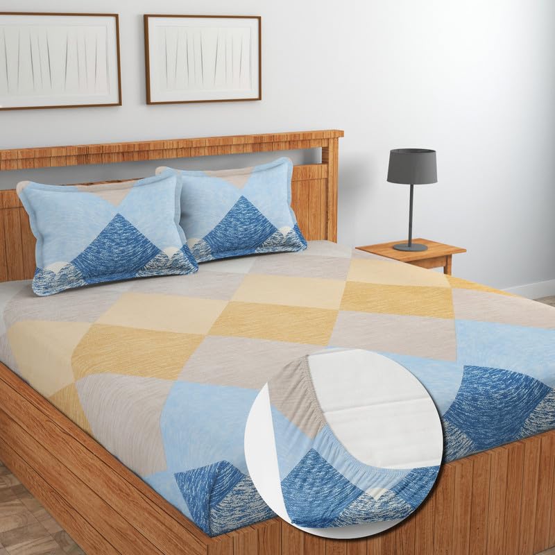 Image of NEW LEAF Cotton Fitted King Size Bedsheets with 2 Pillow Covers | Elastic Fitted | Wrinklefree | Ultrasoft |Winter Bedsheet 220 tc tc Floral | 710x72+10 Inches, Beige Blue