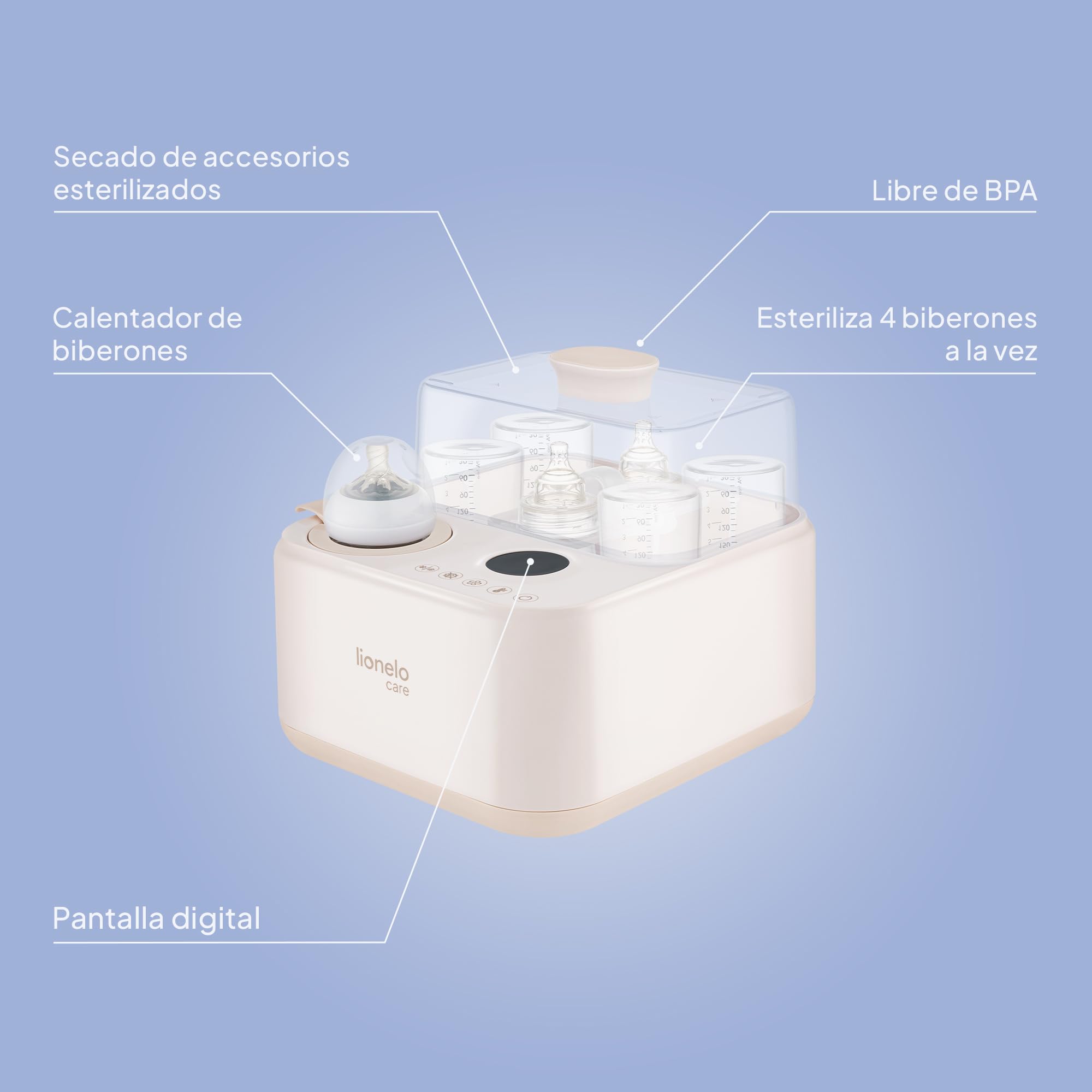 Lionelo Steamup Esterilizador Eléctrico de Biberones 3 en 1, Vapor y Secado Aire Caliente, Calentador de Biberones con Sonda, Panel Táctil Digital, Sin Bpa, Apagado Automático, 4 Biberones, 220–240v | Con secadora y calentador de biberones, esterilizador