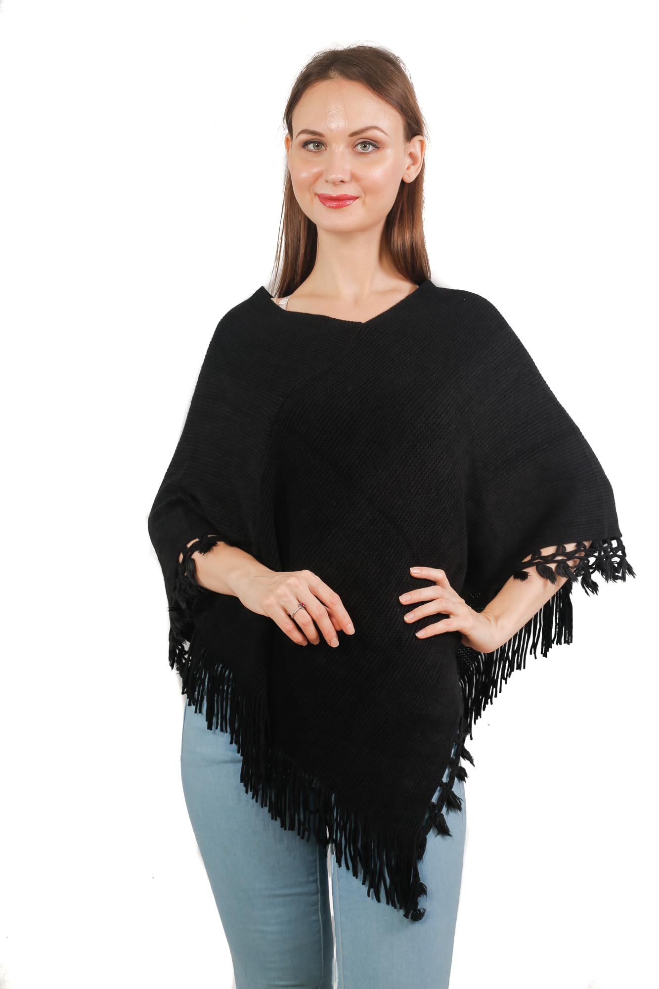 Women Woolen V-Neck Strip Ponchu Sc 04 (Jet Black_free size)-image-29