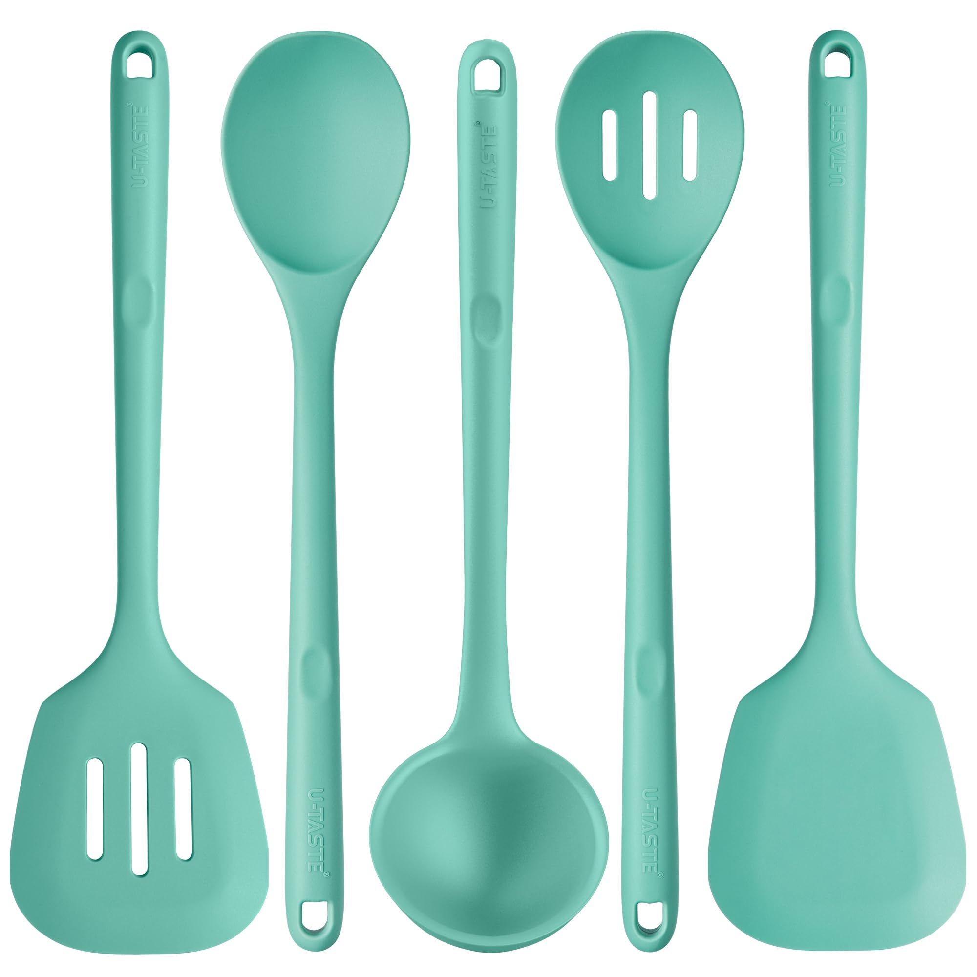 U-Taste Ustensiles de cuisine en silicone extra longs: spatules de cuisson résistantes à la chaleur de 315 ℃, cuillères de service pour mélanger friture remuer l'égouttage (5 pièces, Aqua Sky)