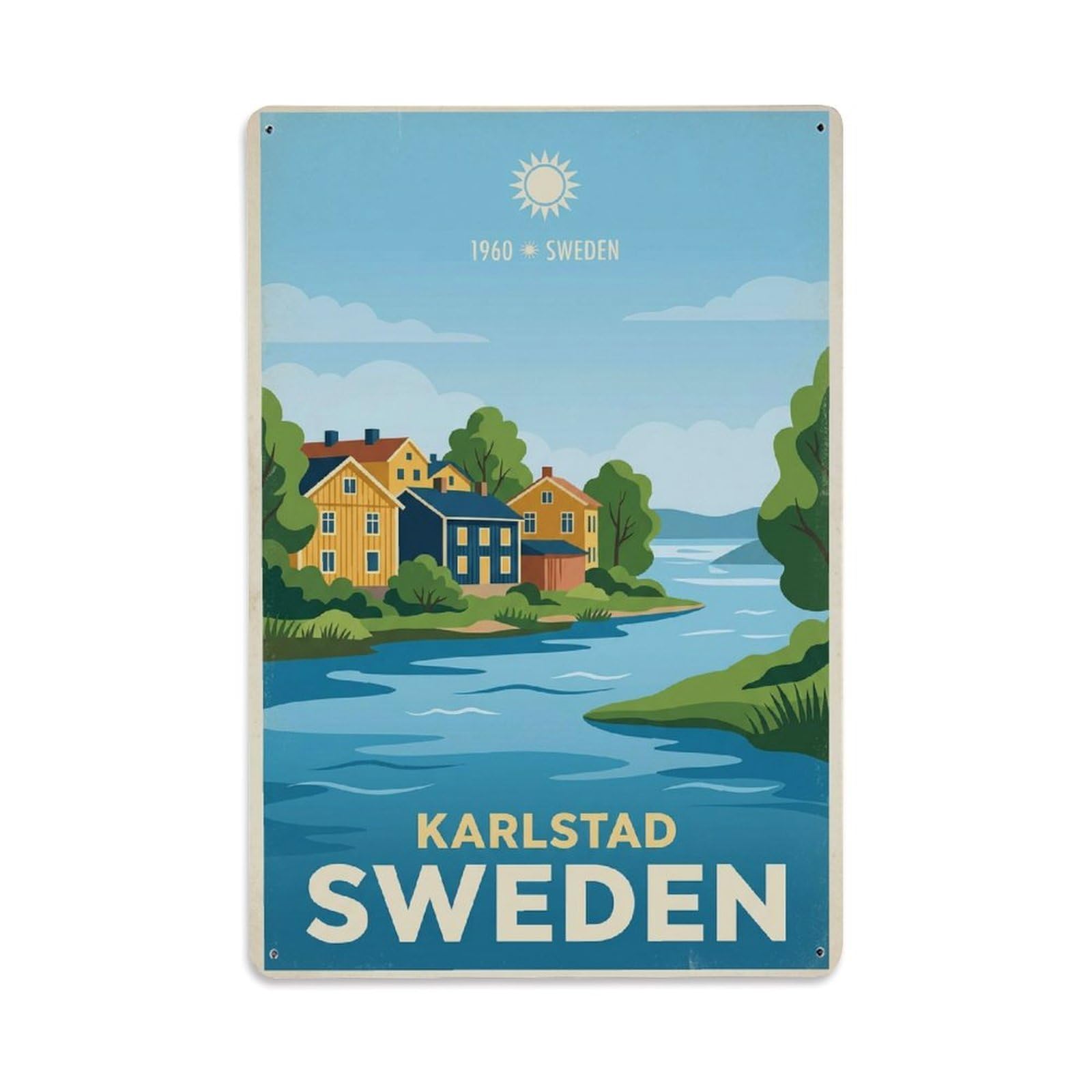 Vintage Travel Karlstad Sweden Riverside Metal Tin Sign