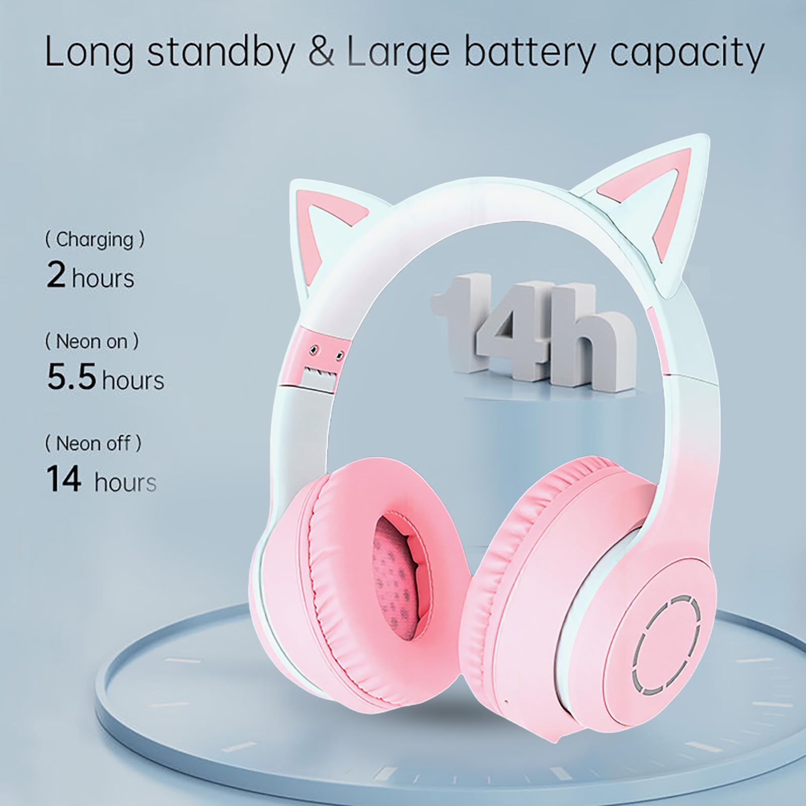 Kabelloses Gaming-Headset, niedliche Katzenohren, Bluetooth 5.3, LED-Beleuchtung, abnehmbares Mikrofon, 40-mm-Treiber, 3,5-mm-AUX-Kabel, faltbar, Bequeme Ohrpolster (PINK)