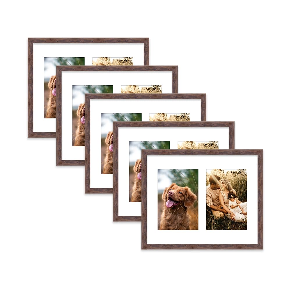 Walnut Multi Photo Frame - Holds 2 x 6x4 Pictures, Family Collage Picture Frame for Wall Display, 10x8 Frame size, Set of 5