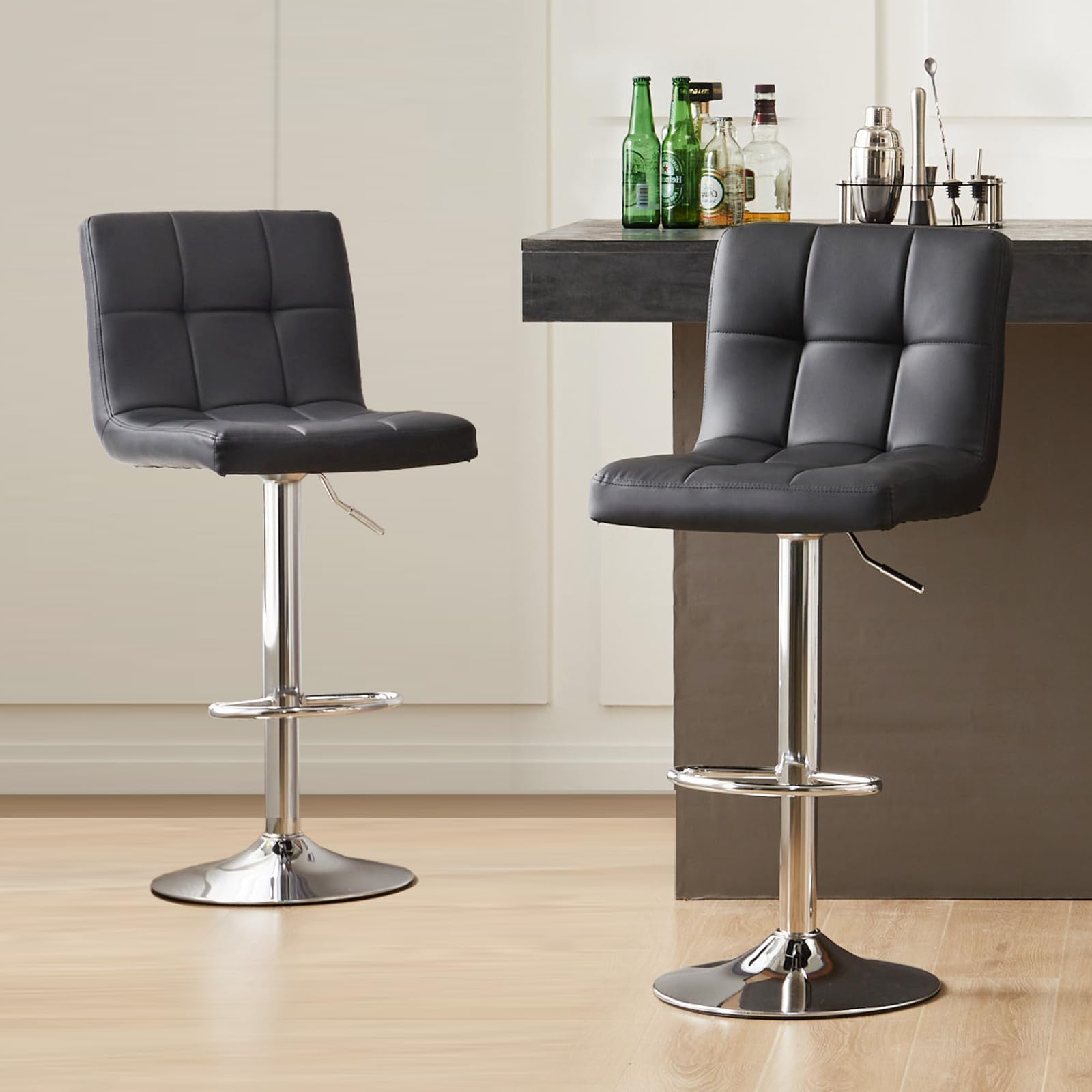 Sweetcrispy Bar Stools Set of 2, PU Leather Adjustable Swivel Barstools, Armless Hydraulic Kitchen Counter Height Bar Stools, Thickened Seat Cushion Square Island Barstools with Back, Black