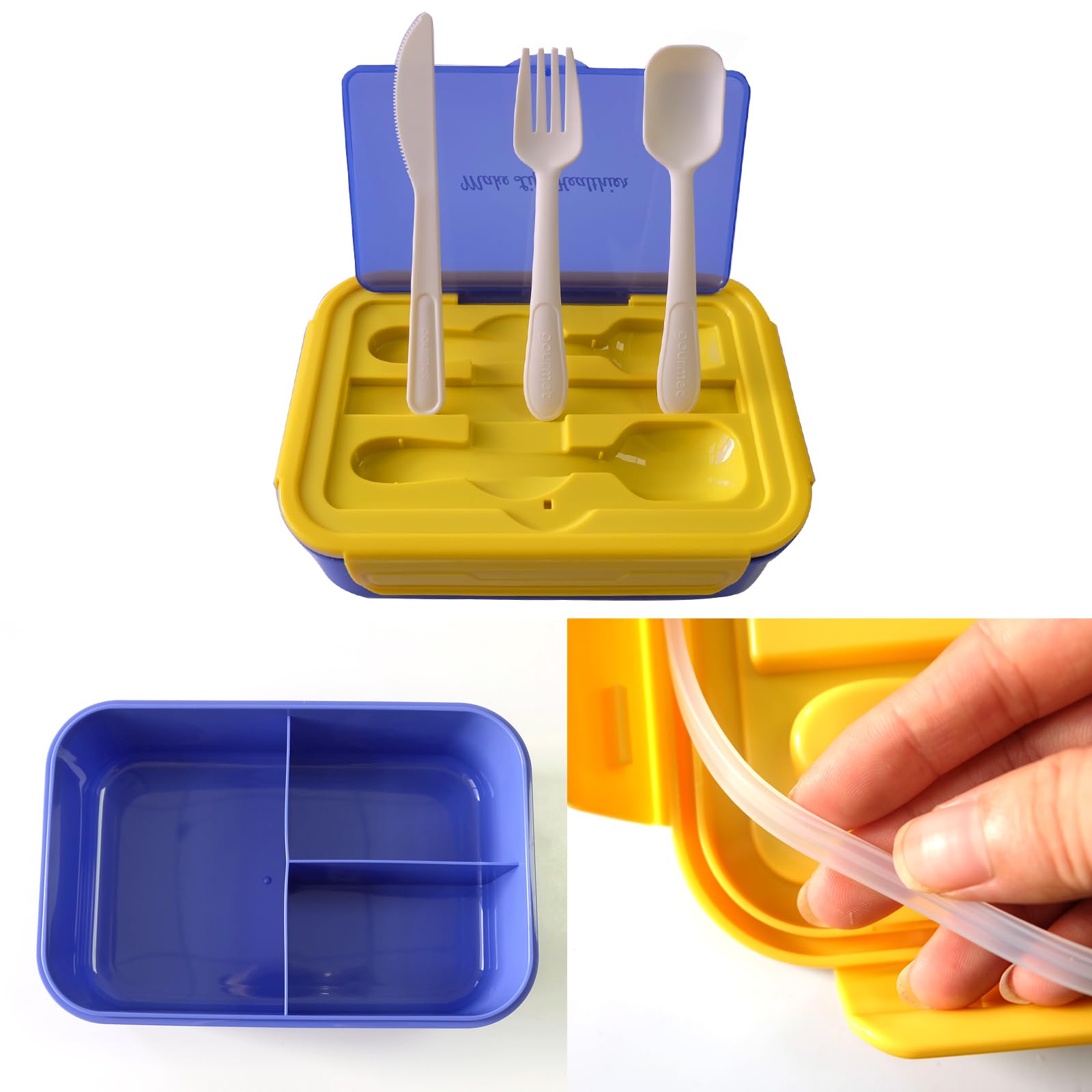 Vastsea Lunchbox 1400 Ml – Mit 3 Fächern, Integriertem Besteck, Mikrowellengeeignet, Auslaufsicher