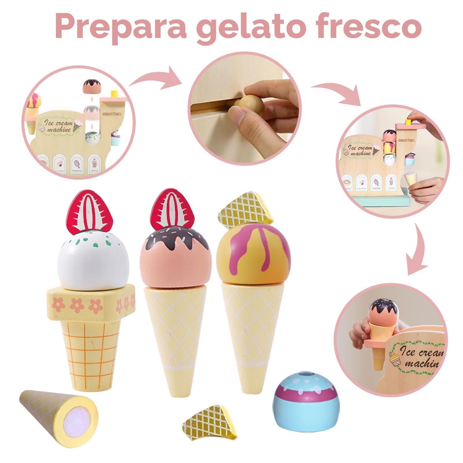 Gelatiera per Bambini in Legno, Giochi Gelato Bambina, Macchina Gelato Bambini, Cucina Giocattolo per Bambini, Accessori Cucina Legno, Regalo per Bambina 3 4 5 6 Anni