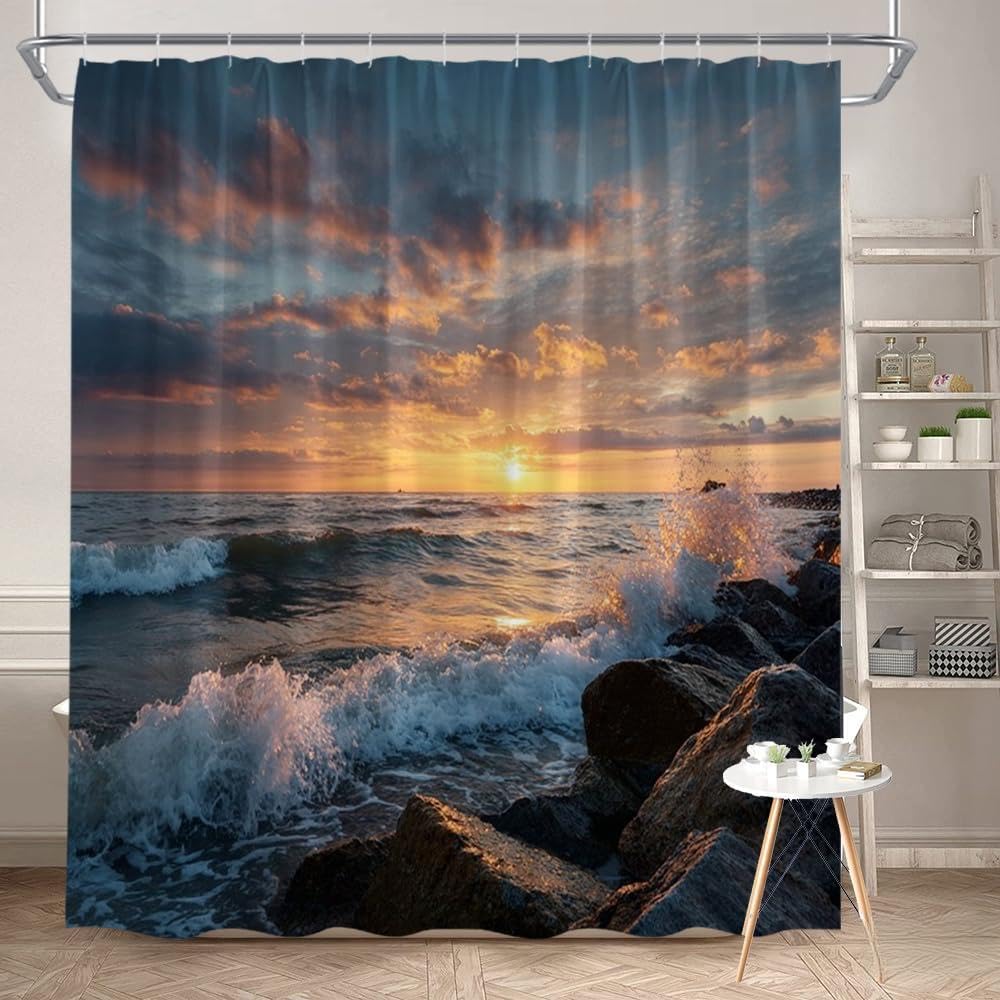 Glwdmb T-13 1 Piece 120X180cm Ocean Wave And Sunset Printed Shower Curtain With Hook, Polyester, For Windows And Walls, Bathtub, Bathroom, Machine Washable, All Season Universal