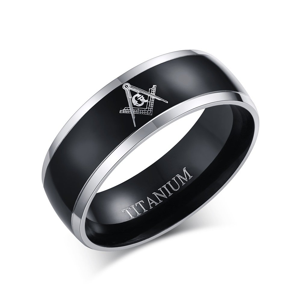 MP 8mm Men's Pure Titanium Master Masonic Engraved Wedding Band Dome Free Mason Comfort Fit Ring Black