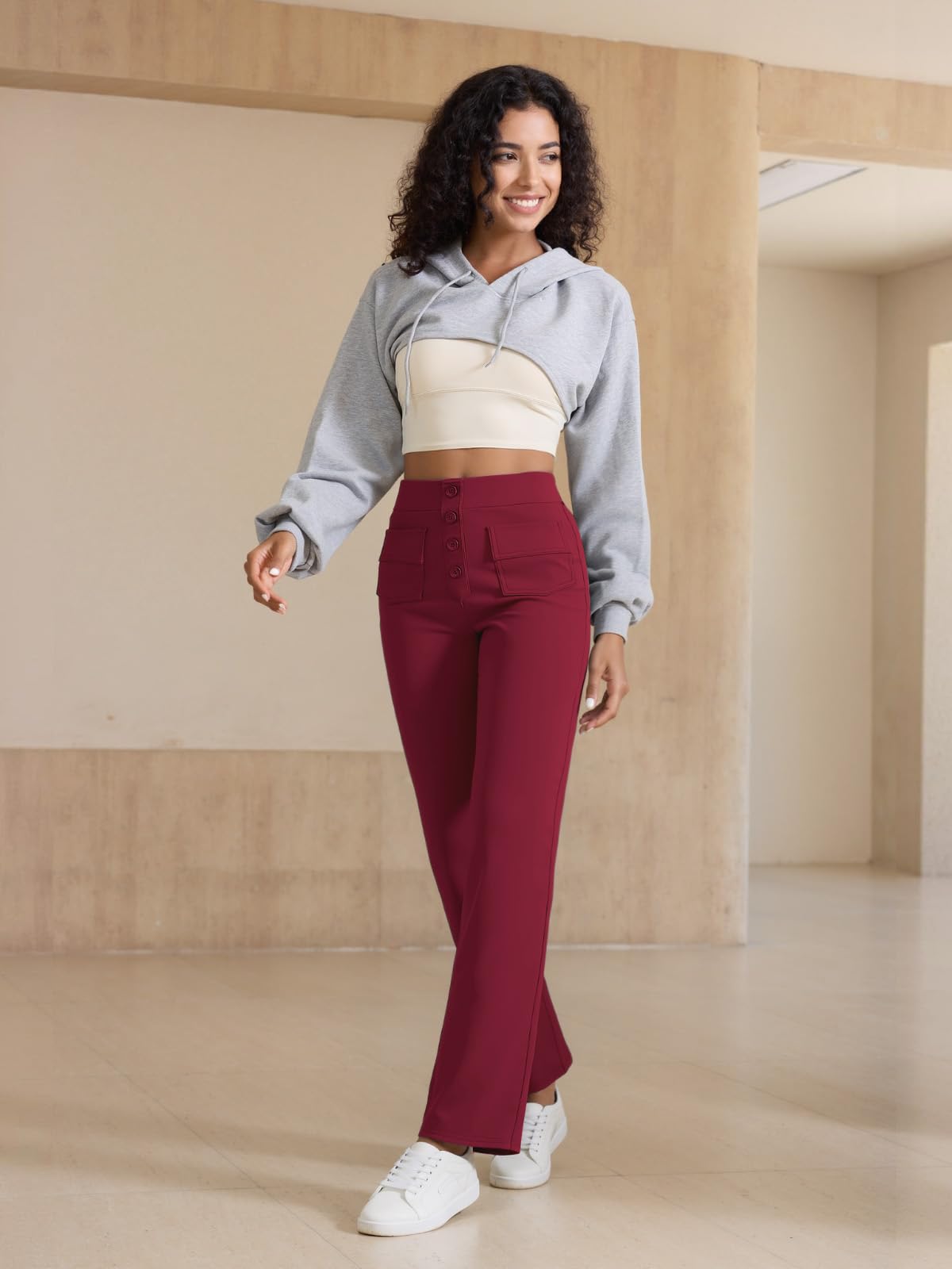 keriffe Women's Straight Leg Pants High Waisted Button Stretchy Business Work Dress Casual Trousers Multiple Pockets: Small Wine Red