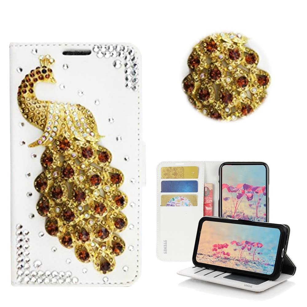 STENES Bling Wallet Phone Case Compatible with Samsung Galaxy A21s Case - Stylish - 3D Handmade Peacock Design Magnetic Wallet Stand Leather Cover Case - Gold