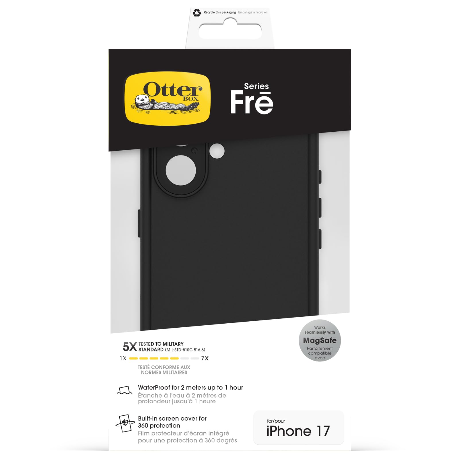 OtterBox FRE MagSafe cover per iPhone 17, Nero | Custodia MagSafe, impermeabile (IP68), urti e cadute, protezione schermo integrata, 5x MIL-STD 810G
