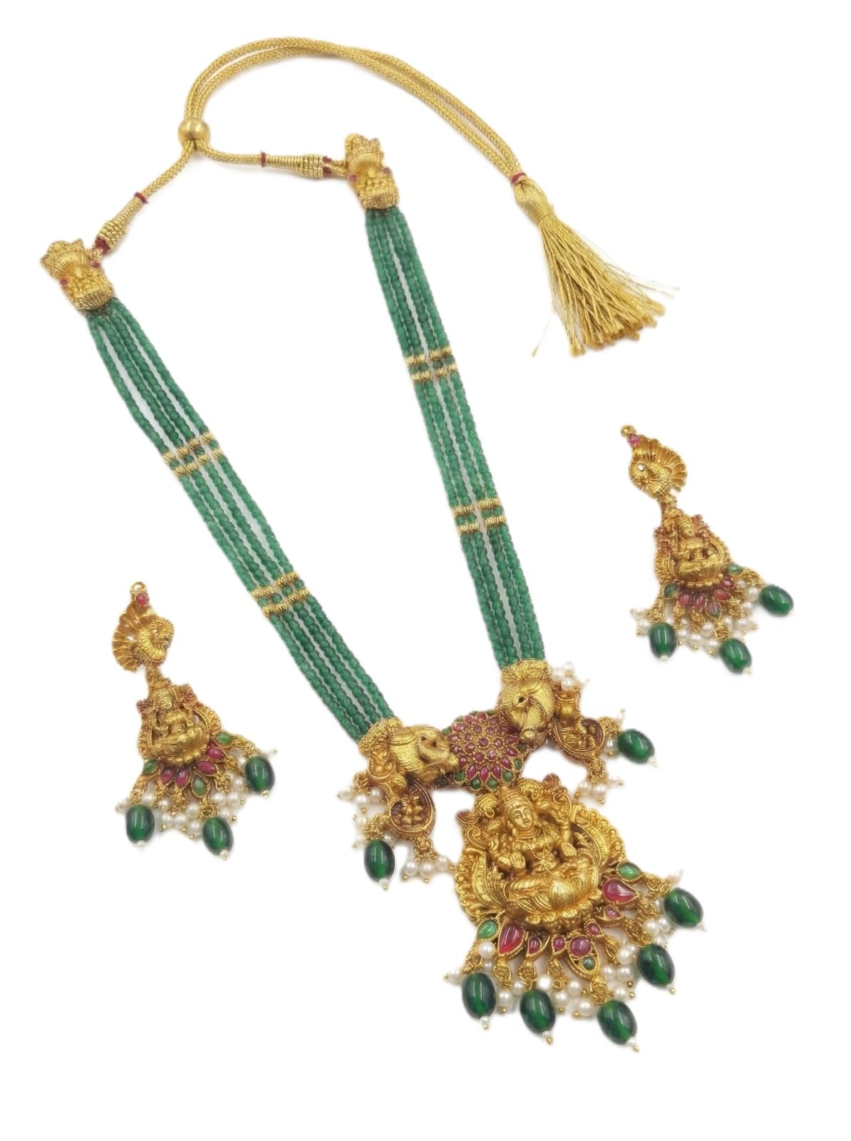 Traditional Temple Jewellery Set for Women | Antique Gold Plated Long Necklace with Goddess Lakshmi Pendant & Matching Earrings | Multi-Strand Green Beaded Bridal Ethnic Set | South Indian Jewellery | Laxmi Jewellery
