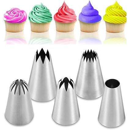 5Pcs Large Piping Tips Set, Stainless Steel Frosting Tips, Cake Decorating Tips for Cupcakes Cakes Cookies Decorating