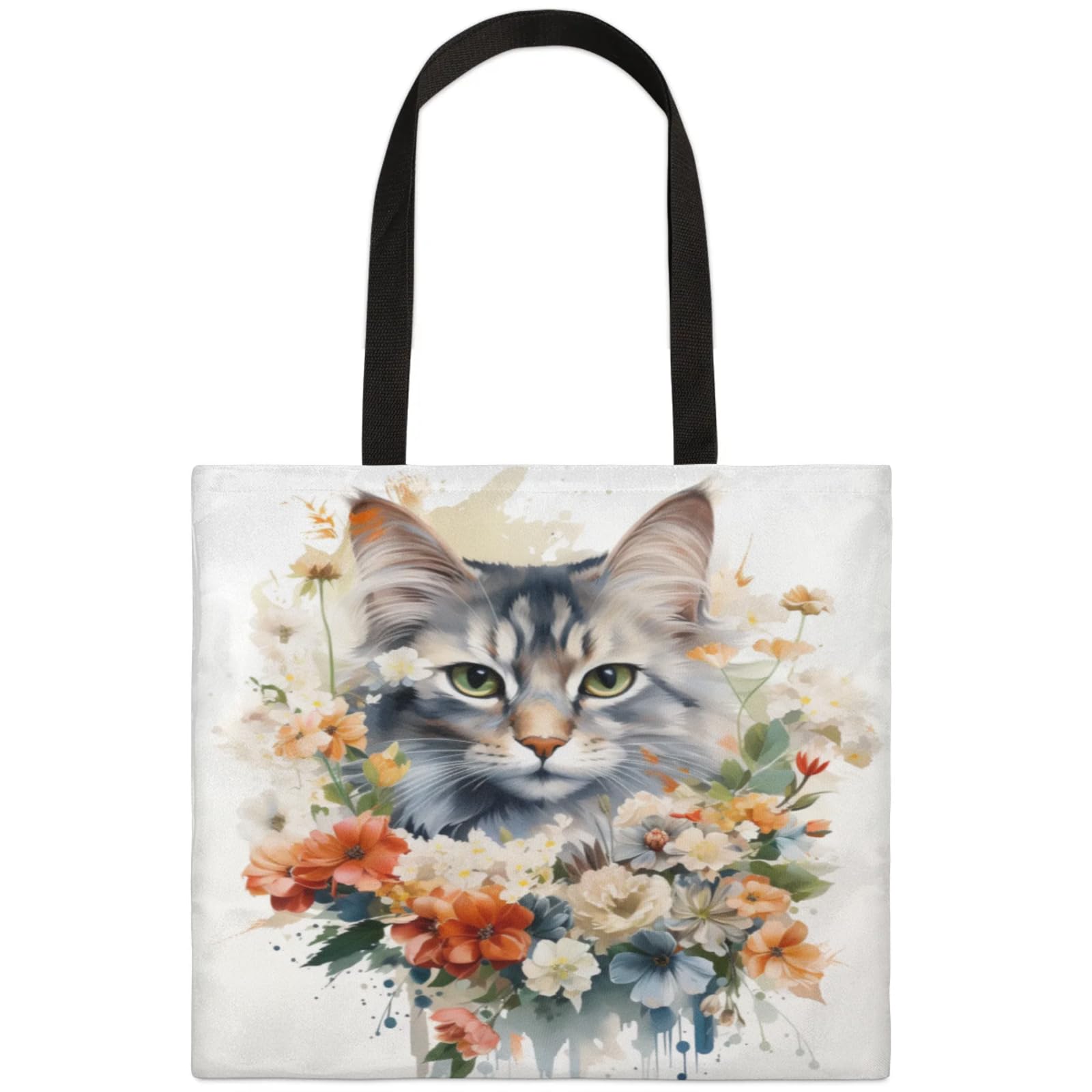 Mularoka Watercolour Cat Wreath Square Canvas Tote Bag Top Handle Purses Stylish Women Canvas Shoulder Tote Bags Reusable Handbags for Work Travel Picnic Beach Shopping Gym Hiking
