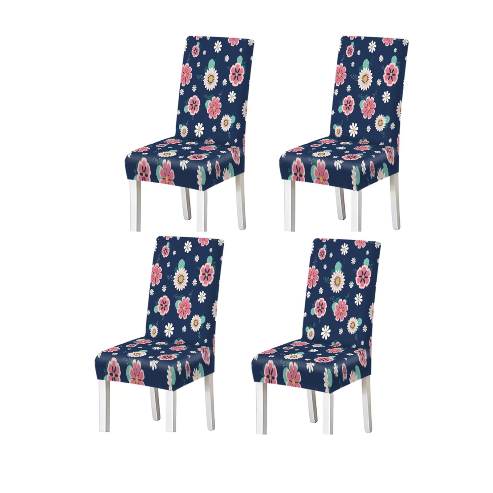 BOSUYBN Navy Floral Chair Covers Set Of 2/4/6, Stretch Dining Chair Slipcovers With Pink Daisy Print Furniture Protectors for Home Dining Room(4PCSChair cover)